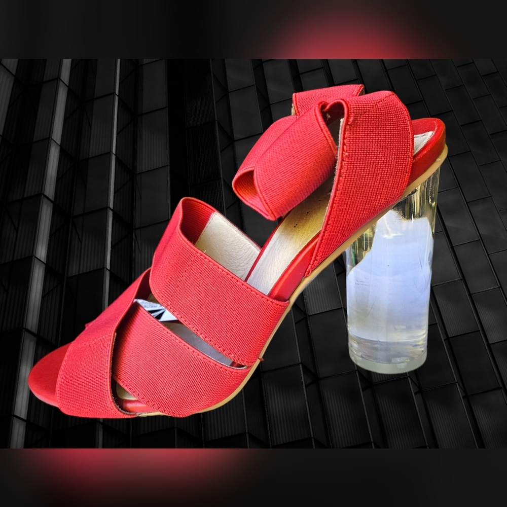 Leith Clear Block Acrylic Heel Red Sandals Elastic Ankle Strap 6 M